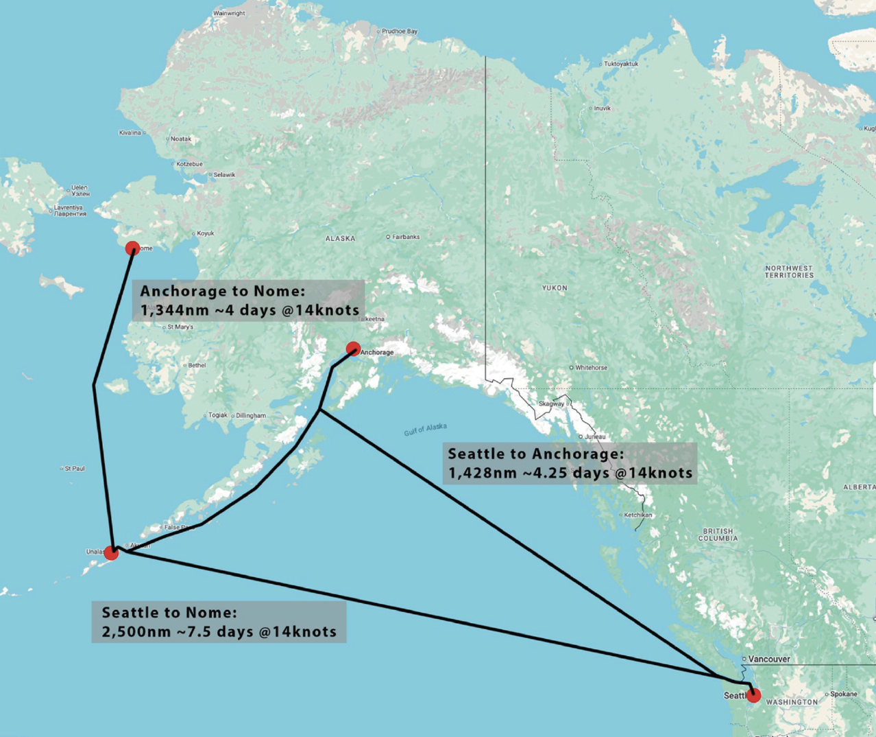 Figure 1. Map of Sail Distances and Times
